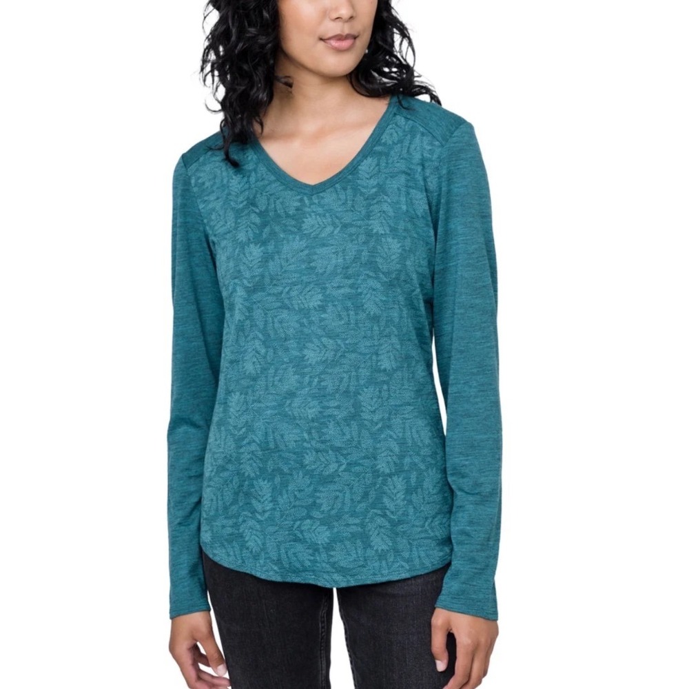 Segments Womens XXL Teal 100% Merino Wool V-Neck Long Sleeve Leaf Pattern Top